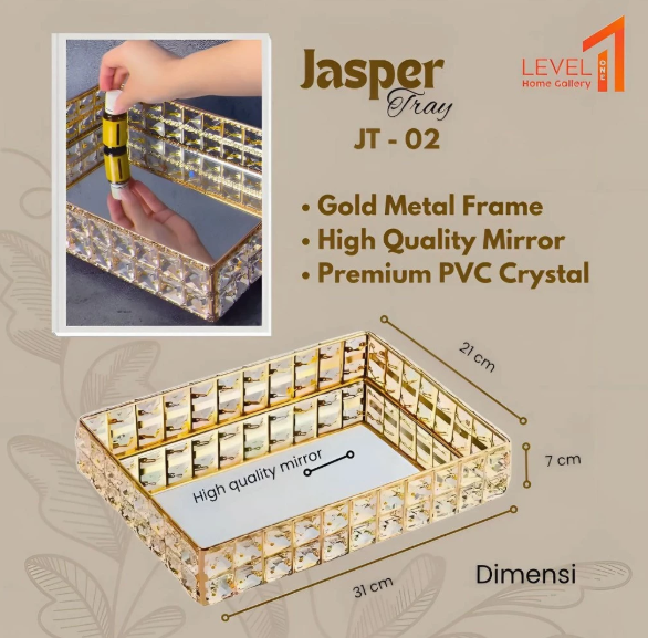 Jasper JT-02 Tray Mirror Gold Crystal | Nampan Persegi Panjang Emas | Skincare Tray Cermin Estetik Dengan Gagang