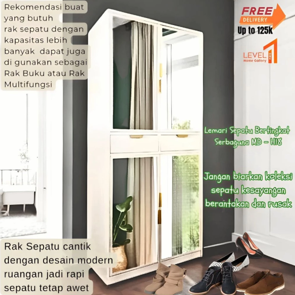 Rak Sepatu MD-H18 Plat Metal Besi Full Cermin Minimalis | Lemari Sepatu Serbaguna Estetik Mewah