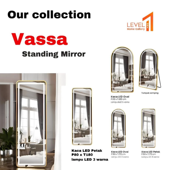 Vassa Standing Mirror LED Cermin Full Body LED Lampu 3 Warna Aesthetic | Cermin Lampu 3 Warna | Cermin Make Up - Oval Jumbo