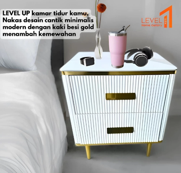 Nakas Bedside Table Meja Samping Tempat Tidur Dua Laci Kaki Besi Gold Modern Minimalis Estetik Mewah Premium