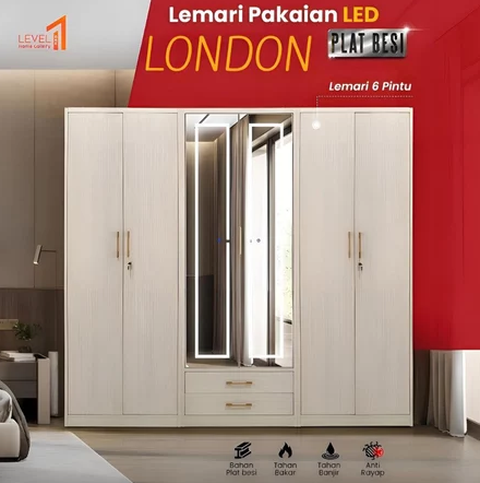 Lemari Pakaian Besi Jumbo London 6 Pintu Lampu Touchscreen Premium Mewah | Lemari Pakaian Besi Jumbo 5 Pintu Lampu