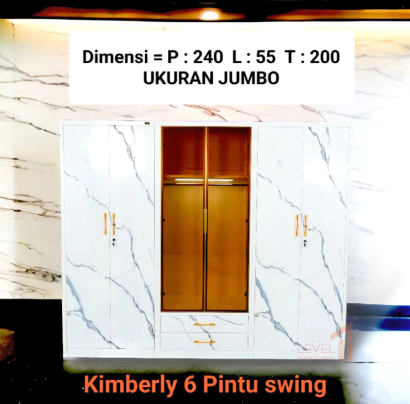 Lemari besi Kimberly lemari premium mewah 4 pintu 6 pintu lampu LED motif marble