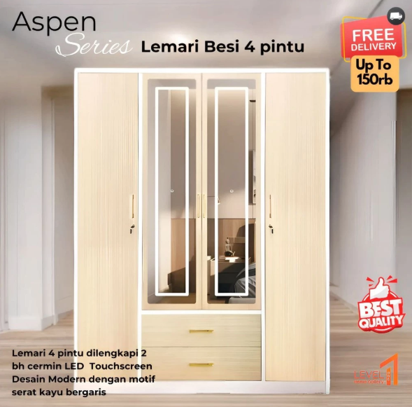 Aspen Series Lemari Besi 4 Pintu Jumbo Cermin LED 3 Warna | Lemari Besi 4 Pintu Minimalis Estetik Anti Jamur Anti Rayap