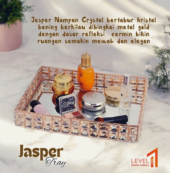 Jasper JT-02 Tray Mirror Gold Crystal | Nampan Persegi Panjang Emas | Skincare Tray Cermin Estetik Dengan Gagang