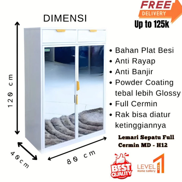 Rak Sepatu MD-H12 Plat Metal Besi Full Cermin Minimalis | Lemari Sepatu Serbaguna Estetik Mewah