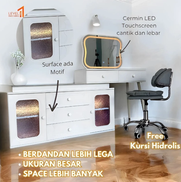 Meja Rias Make Up Table Import Sudut L Lampu Cermin Kaca LED 3 Warna Hand Sensor Wave Touchscreen Sentuh Premium Eksklusif 