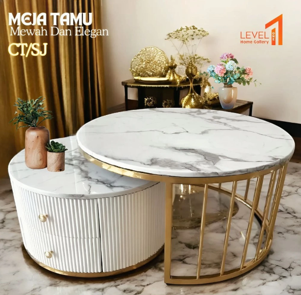 Meja Tamu Bulat Mewah Bahan Granit Marmer | Coffee Table Granit Premium Elegan Estetik