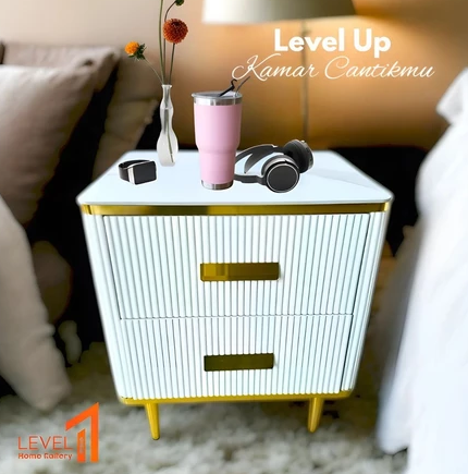 Nakas Bedside Table Meja Samping Tempat Tidur Dua Laci Kaki Besi Gold Modern Minimalis Estetik Mewah Premium