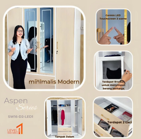 Aspen Series Lemari Besi 4 Pintu Jumbo Cermin LED 3 Warna | Lemari Besi 4 Pintu Minimalis Estetik Anti Jamur Anti Rayap