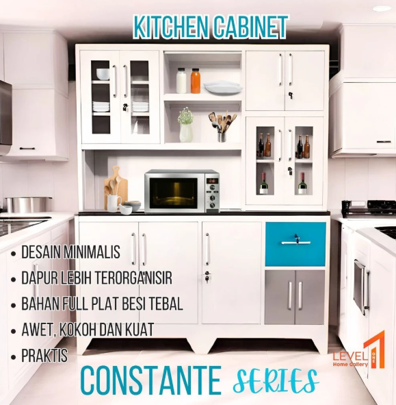 Constante Lemari Rak Dapur dengan Lampu LED Besi Minimalis | Kitchen Cabinet | Kitchen Set | Lemari Makan | Lemari Sayur | Rak Piring