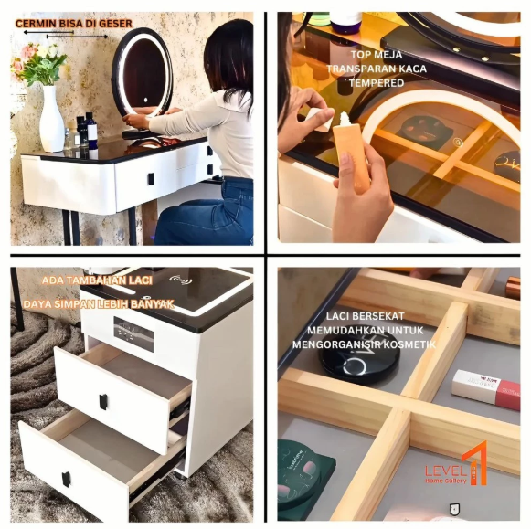 Smart Meja Rias 1908 Make Up Table Import Lampu LED 3 Warna Touchscreen Bluetooth Speaker USB Port Modern Mewah Premium - 1908 LED TS Mirror