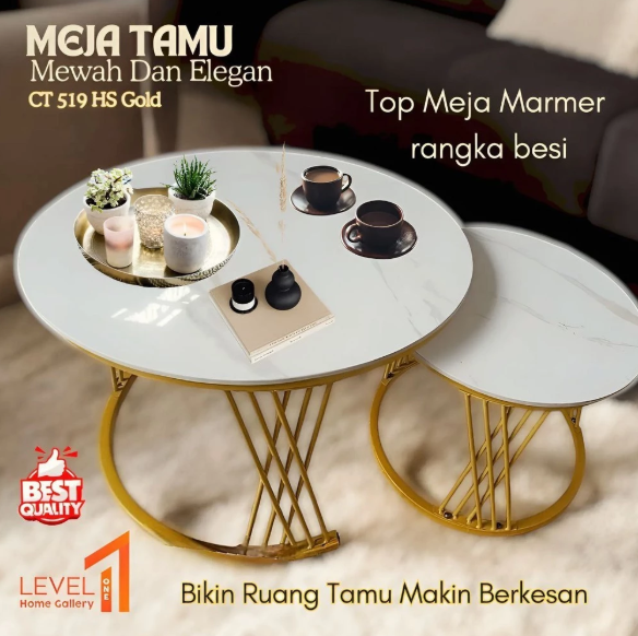 Meja Tamu Bulat Mewah CT 519 HS Gold Bahan Granit Marmer | Coffee Table Granit Premium Elegan Estetik