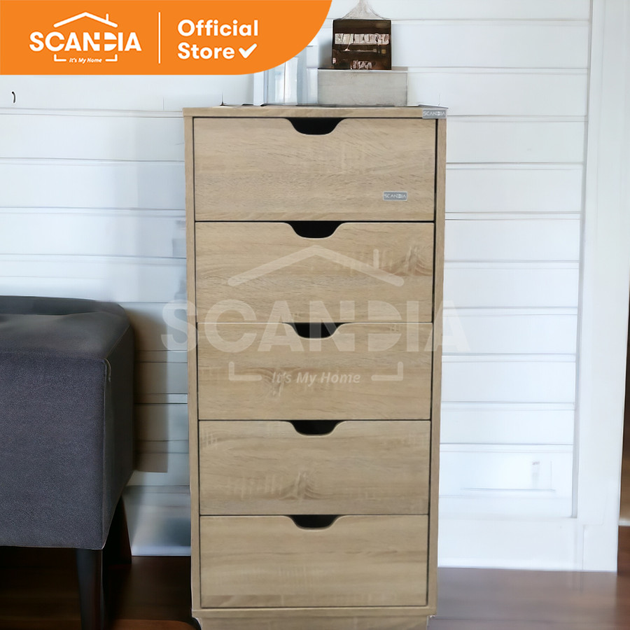 SCANDIA Lemari Laci Chest 5 Pintu Drawer Kennet 48x38x104Cm Sonoma Oak