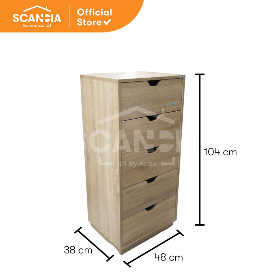 SCANDIA Lemari Laci Chest 5 Pintu Drawer Kennet 48x38x104Cm Sonoma Oak