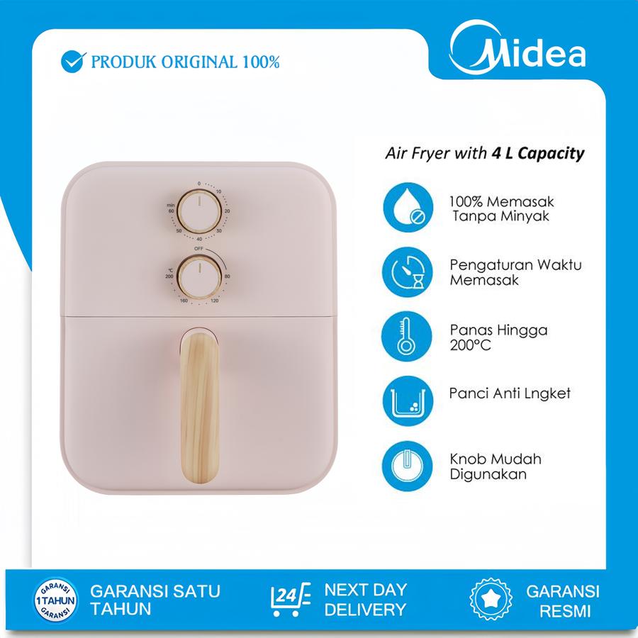 Midea Air Fryer 4L MAF400B0ADG 650W Low Watt | Penggorengan Tanpa Minyak | Digital Touch | Kapasitas Besar | Multifungsi | Gagang Kayu