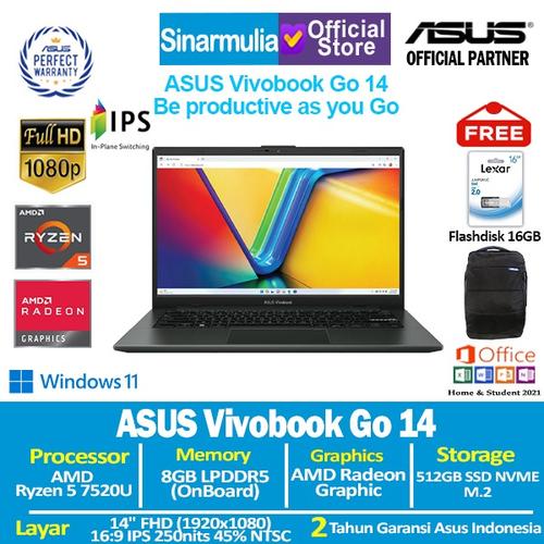 ASUS Vivobook Go 14 E1404FA Ryzen 5 7520U 512GB SSD 8GB IPS Win11+OHS - MIXED BLACK
