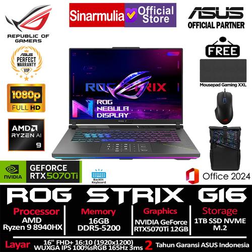 ASUS ROG Strix G16 G614PR Ryzen 9 8940HX RTX5070 Ti 1TB SSD 16GB FHD+ IPS 100%sRGB 165Hz 3ms Win11+OHS