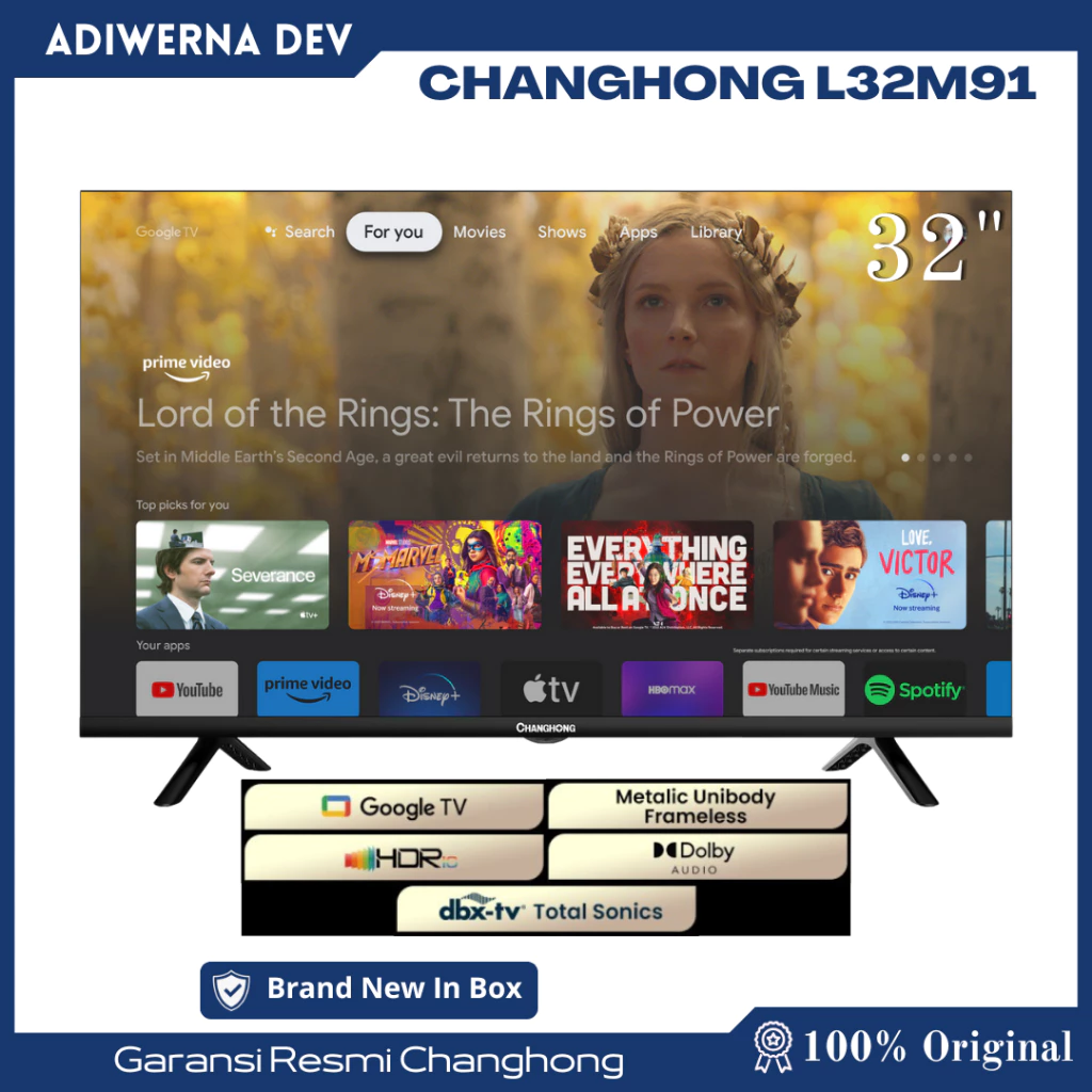 Changhong Google TV 32 inch HD Dolby Audio Google Play Netflix Youtube Bluetooth USB Google Assistant Smart TV Digital TV Free Vidio