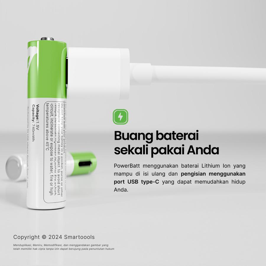 Baterai Cas Isi Ulang 2pcs Smartoools AAA 1.5V Type-C USB Rechargeable Lithium Battery Charge