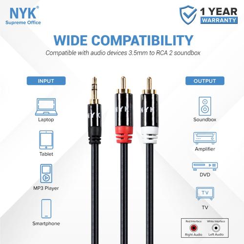 NYK Kabel Audio 3.5mm to 2x RCA Aux 3.5 mm Cable NYK-AV35M2RCAM-150GL 