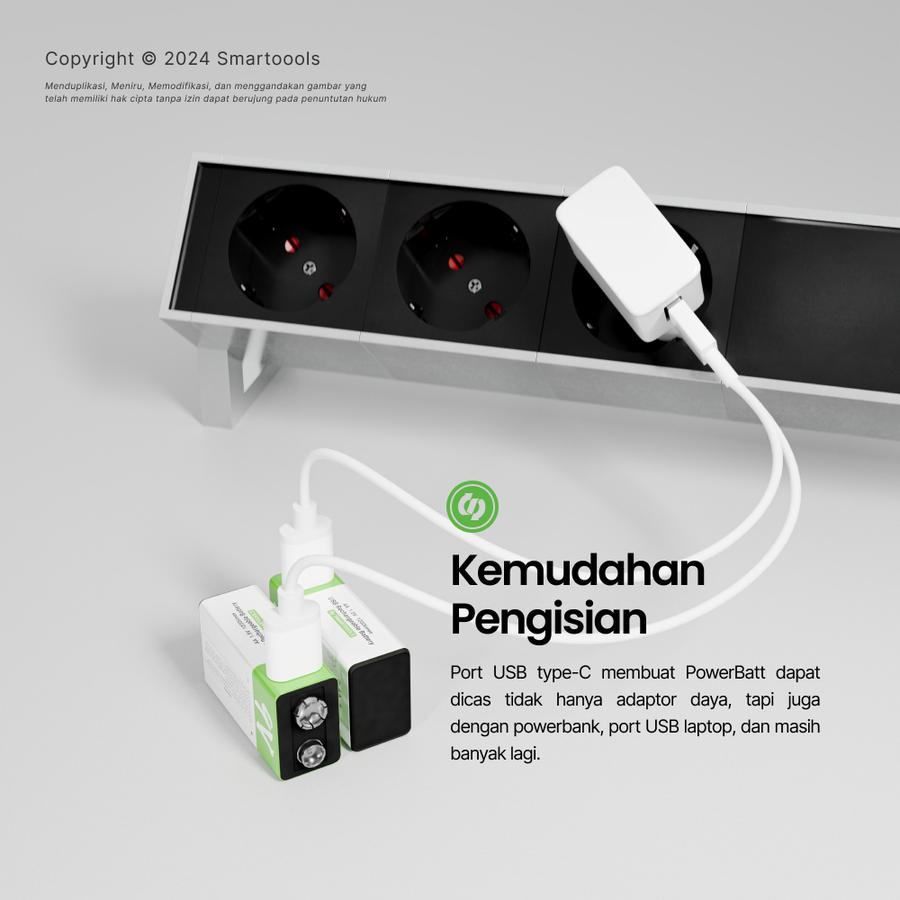 Baterai Cas Isi Ulang Smartoools PowerBatt 9V Type-C USB Rechargeable Li-Ion Battery Charge