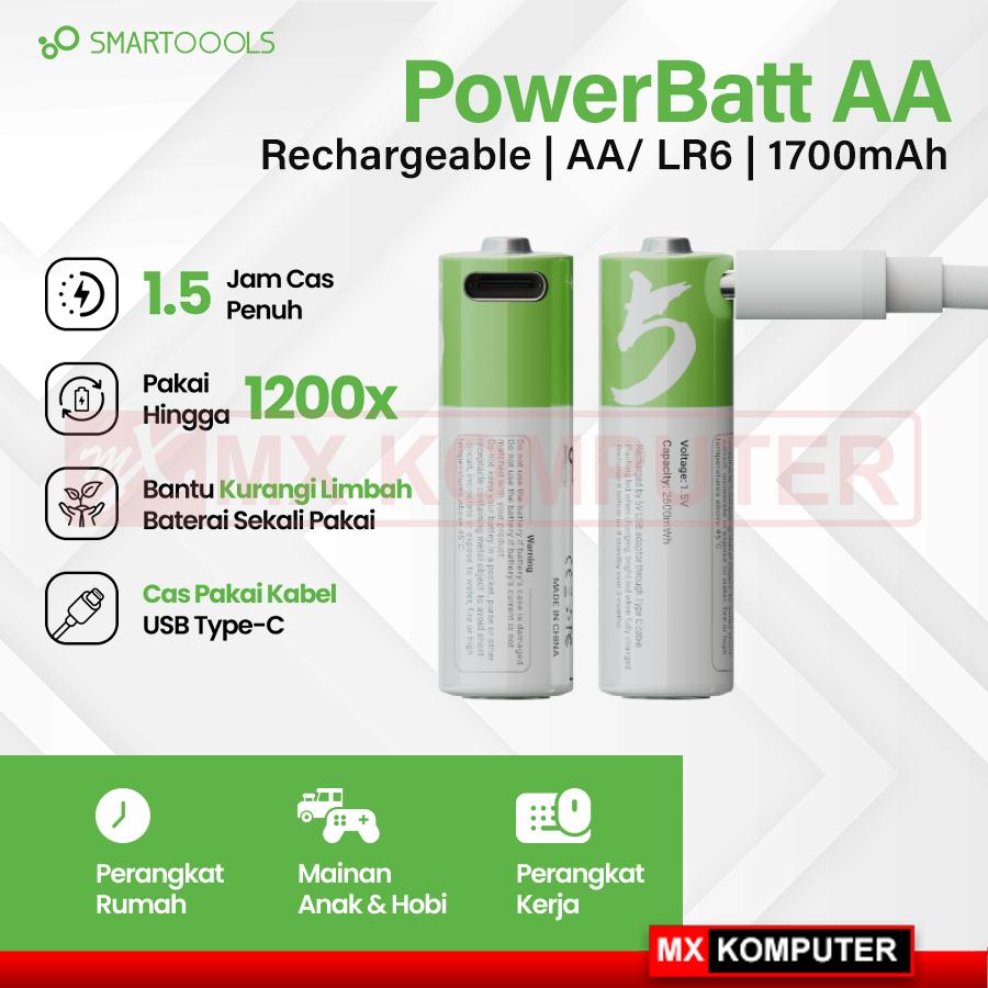 Baterai Cas Isi Ulang 2pcs Smartoools AA 1.5V Type-C USB Rechargeable Lithium Battery Charge