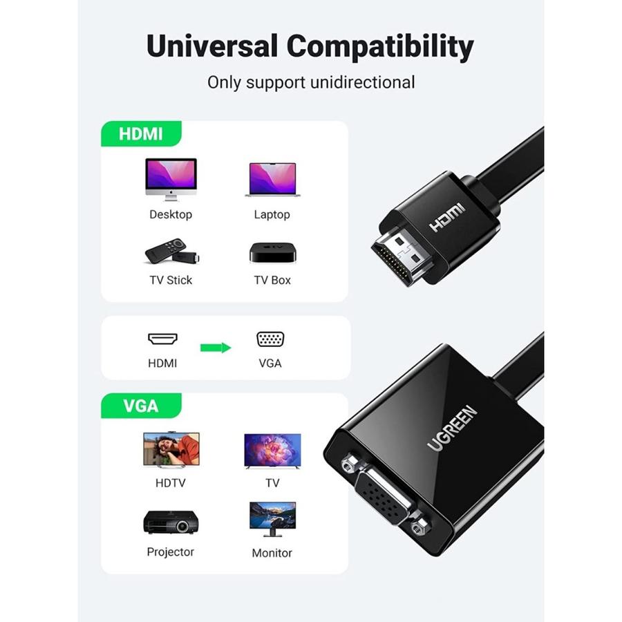 UGREEN Kabel Converter HDMI To VGA Female 1080P @60Hz Audio Port 40248