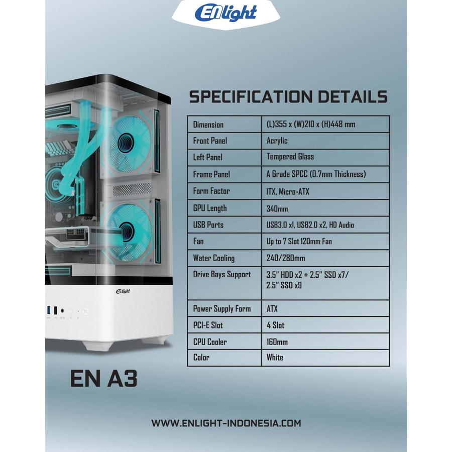 Case ENLIGHT EN A3 White Casing m-ATX PC Mini Tower Curved Tempered Glass