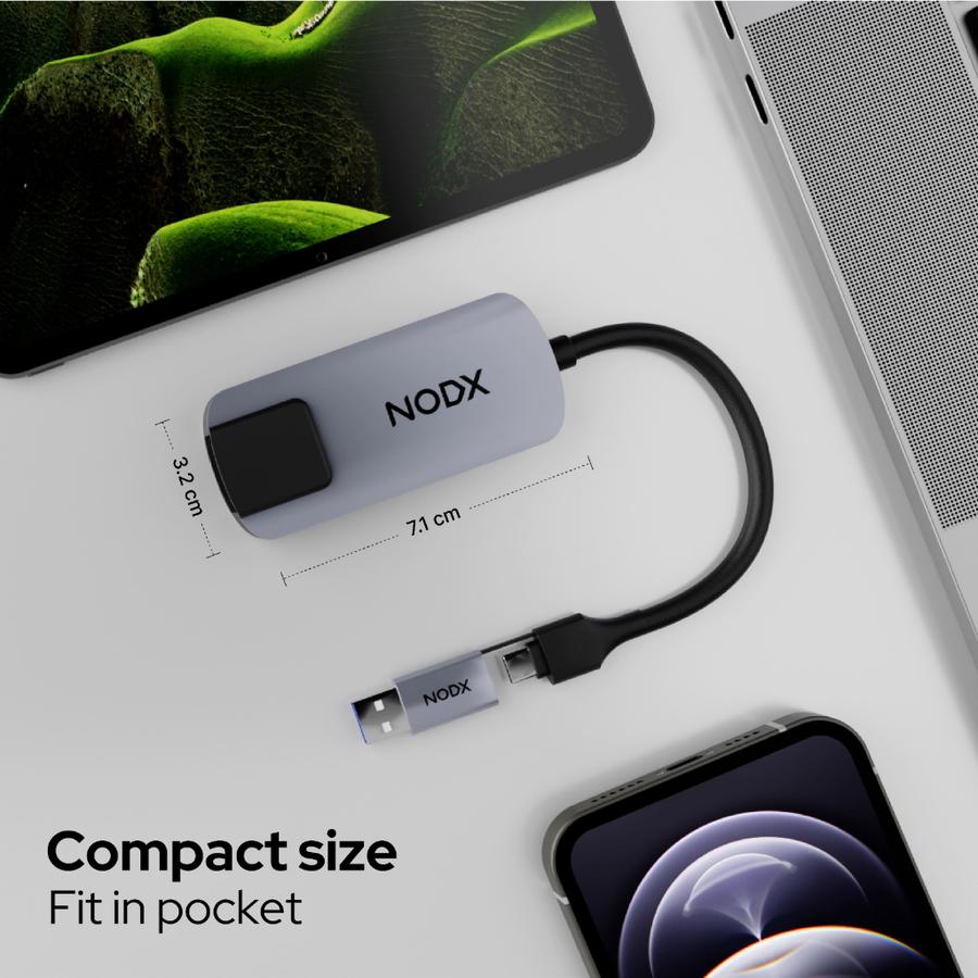 NODX USB A + Type-C to Ethernet Gigabit Plug n Play USB LAN Adapter