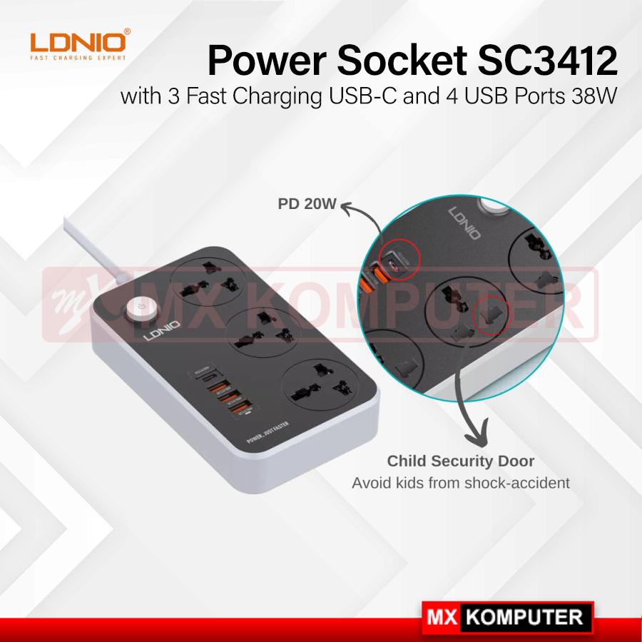 Stop Kontak Power Soket LDNIO SC3412 colokan listrik 3 Type C PD 20W