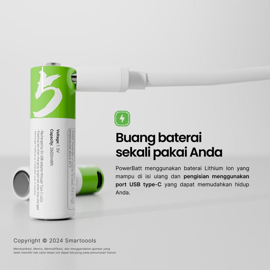 Baterai Cas Isi Ulang 2pcs Smartoools AA 1.5V Type-C USB Rechargeable Lithium Battery Charge