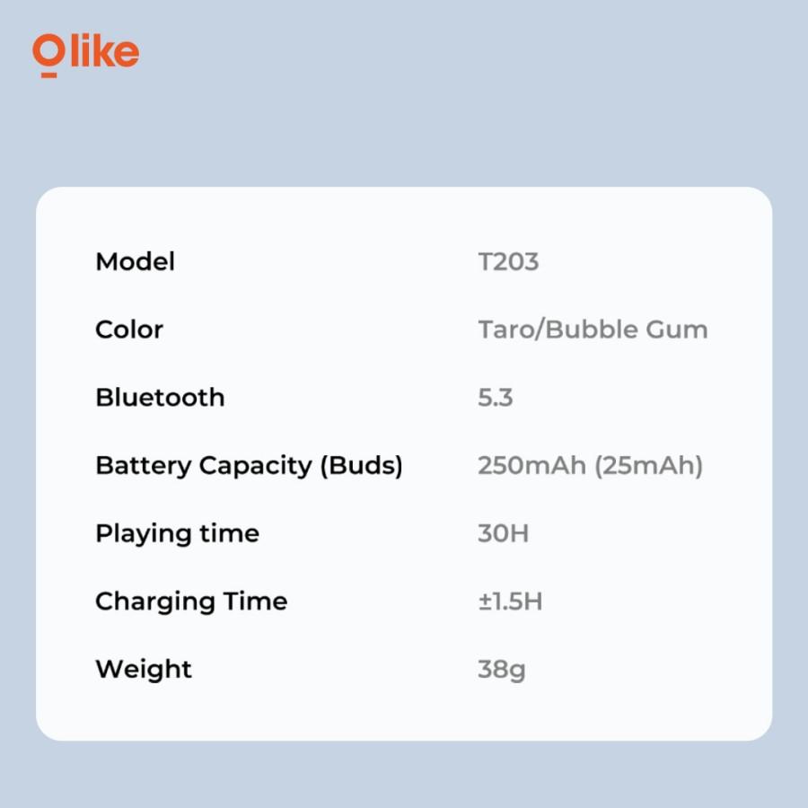 OLIKE Wireless Bluetooth Earphone TWS T203 | Headset Bass Audio IPX4 - Bubble Gum