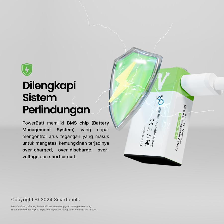 Baterai Cas Isi Ulang Smartoools PowerBatt 9V Type-C USB Rechargeable Li-Ion Battery Charge