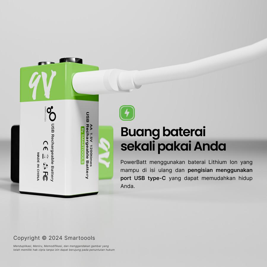 Baterai Cas Isi Ulang Smartoools PowerBatt 9V Type-C USB Rechargeable Li-Ion Battery Charge
