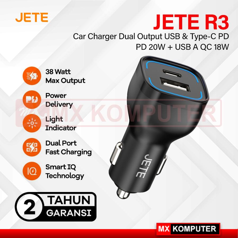 JETE R3 Charger Mobil | Car Charger Dual Output USB & Type-C PD 20W + QC 18W - Hitam