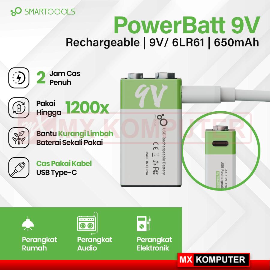 Baterai Cas Isi Ulang Smartoools PowerBatt 9V Type-C USB Rechargeable Li-Ion Battery Charge