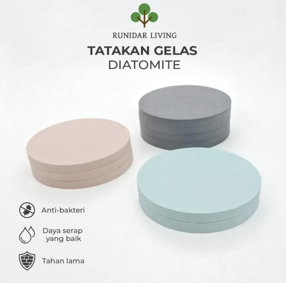 RUNIDAR LIVING COASTER | Tatakan Gelas Diatomite | Cepat Kering | Anti Bakteri CIRCLE - SOLID COLOR - Putih