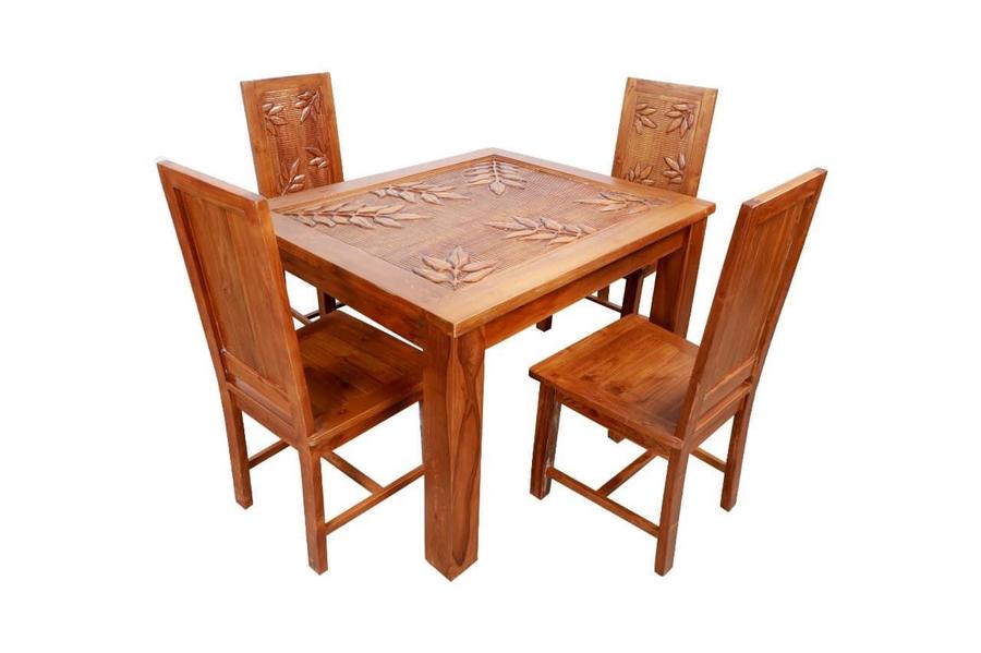 Set Kursi Makan Kayu Jati Motif Ukir Daun Tangkai