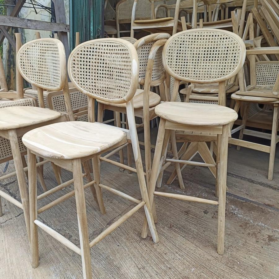 Kursi Bar Jati Anyaman Rotan Model Oval / Bar Stool