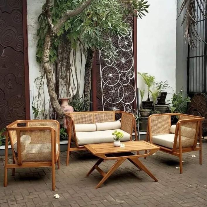 Set Kursi Tamu Jati Minimalis Rotan Asli