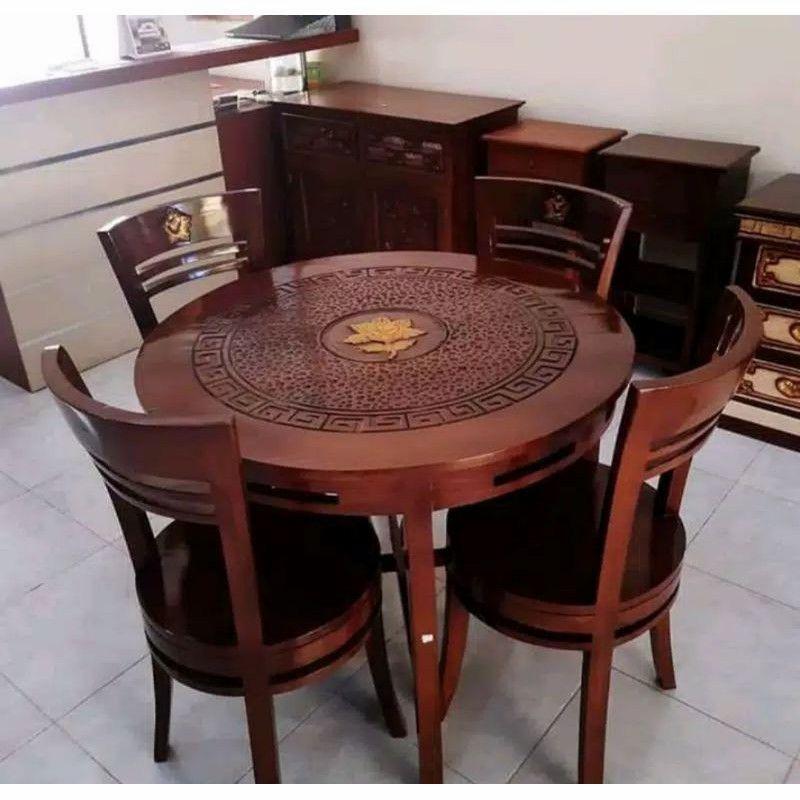 Set Kursi Meja Makan Bulat Kayu Jati