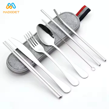 Madodet Set Alat Makan Sendok Garpu Pisau Sumpit Sedotan Stainless Steel dengan Pouch