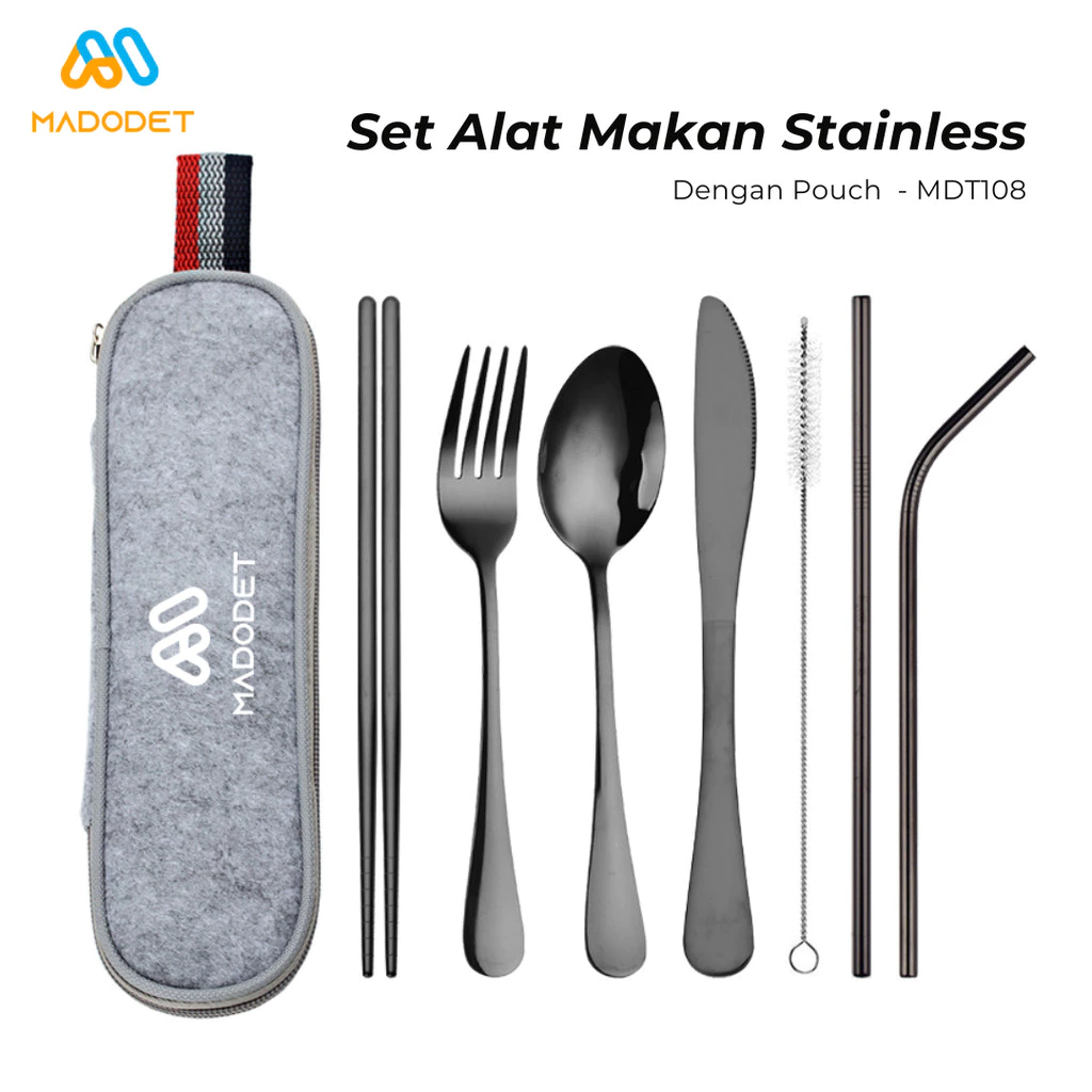 Madodet Set Alat Makan Sendok Garpu Pisau Sumpit Sedotan Stainless Steel dengan Pouch