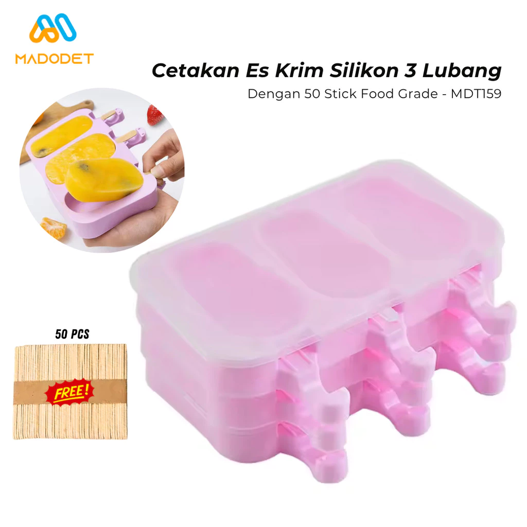 Madodet Cetakan Es Krim Silicone 3 Lubang Nampan Food Grade Dengan 50 Stick - MDT159