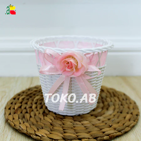 Pot Rotan Plastik Bulat Pita Dekorasi 11,5cm