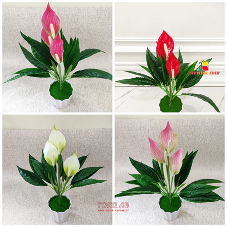 TANAMAN BUNGA HIAS PLASTIK PEACH LILY SPATUFILLUM DEKORASI RUANG TAMU RUMAH KANTOR CAFFE DEKORASI WEDDING