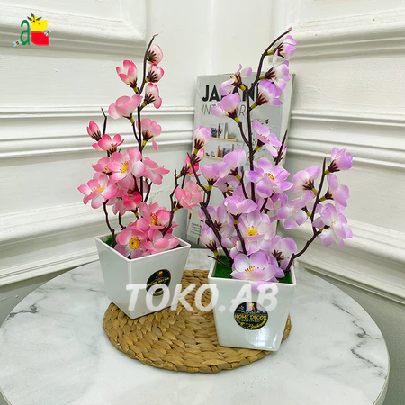 RB6070 BUNGA SAKURA PLASTIK HIAS ARTIFICIAL POT KOTAK HIASAN MEJA RUANG TAMU INDAH TOKO AB