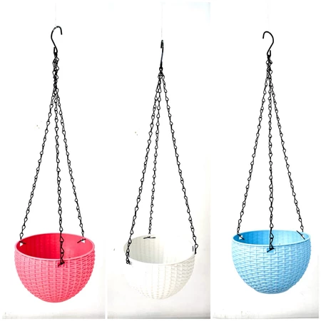 P054 POT GANTUNG ROTAN PLASTIK DIAMETER 16CM RANTAI BESI VAS BUNGA GANTUNG