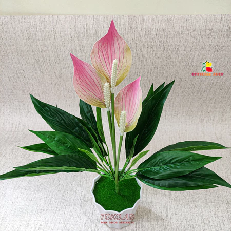 TANAMAN BUNGA HIAS PLASTIK PEACH LILY SPATUFILLUM DEKORASI RUANG TAMU RUMAH KANTOR CAFFE DEKORASI WEDDING