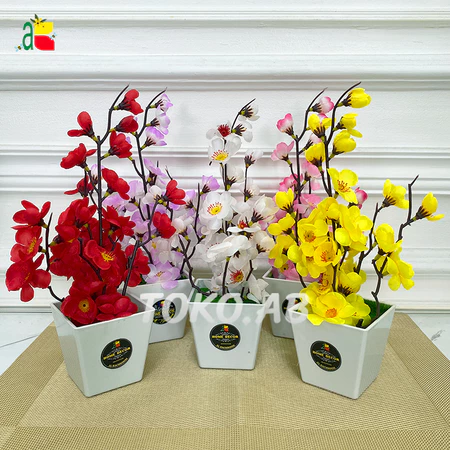 RB6070 BUNGA SAKURA PLASTIK HIAS ARTIFICIAL POT KOTAK HIASAN MEJA RUANG TAMU INDAH TOKO AB